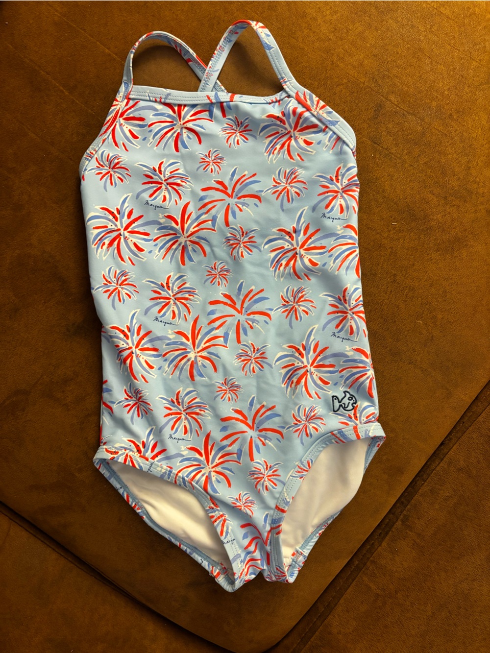 Kids Light Blue One-Piece Swimsuit with Red & White Burst Print